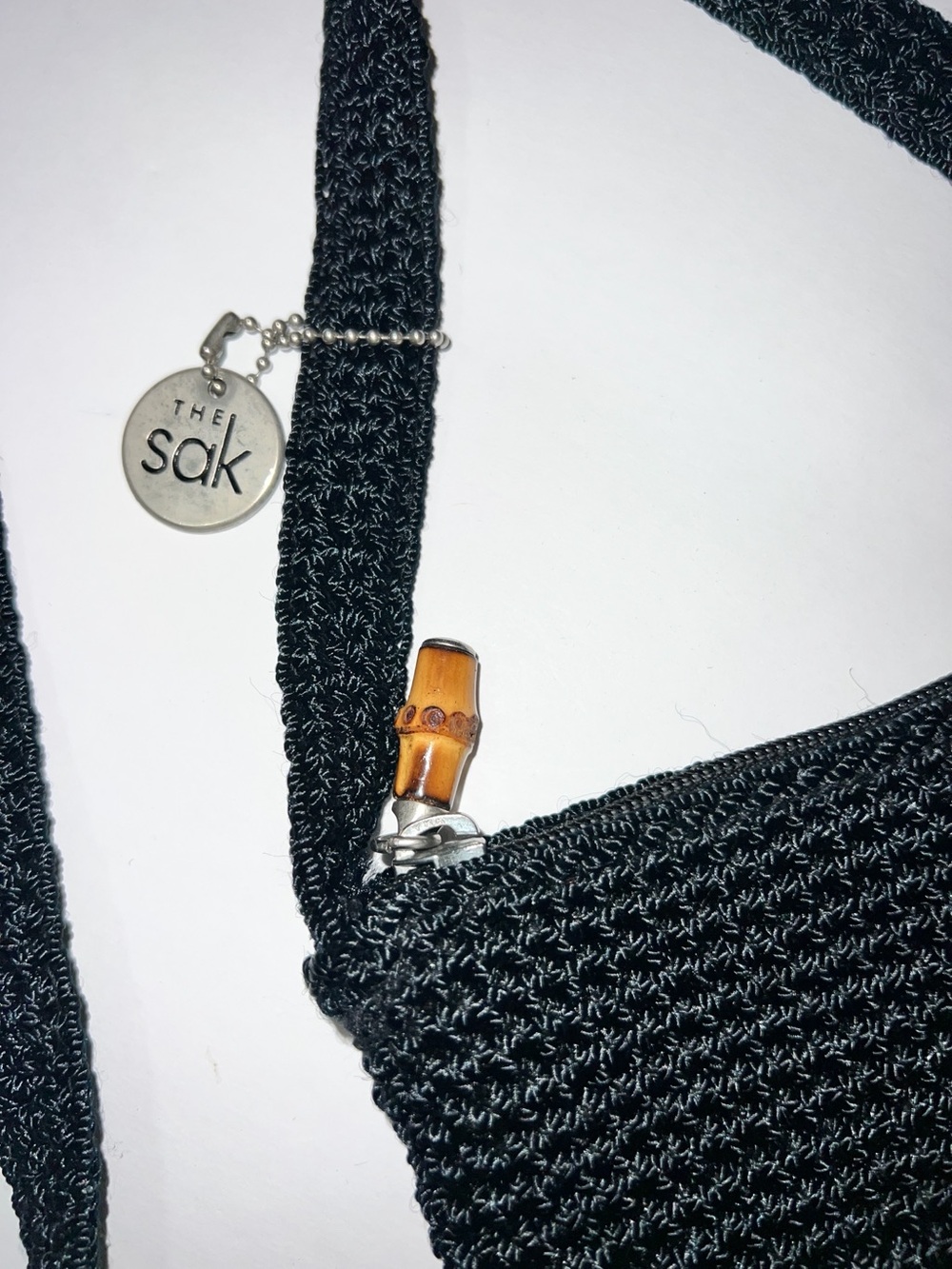 The Sak Vintage Black Hand-Crochet Crossbody Purse Bag Bamboo Zipper Pull Y2K - Picture 3 of 14